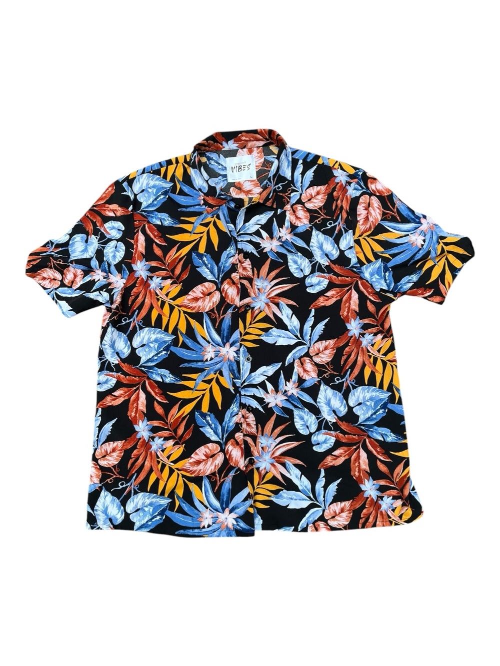 Vibe Men's Large Black Tropical Floral Short-Sleeve Shirt